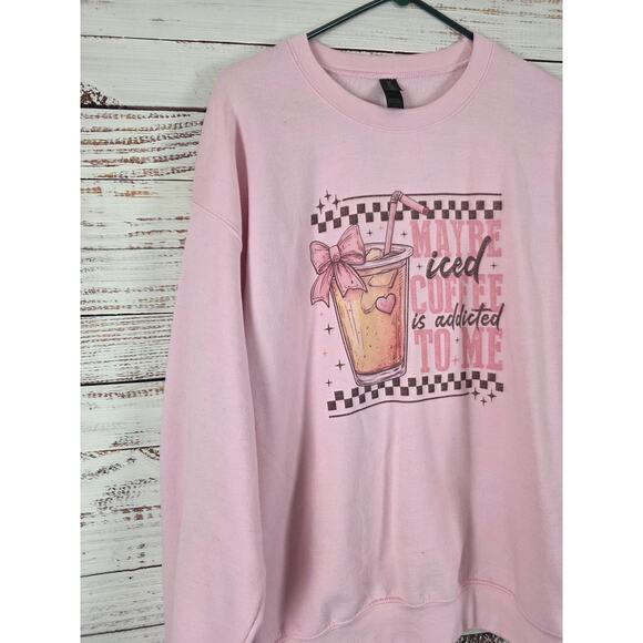 Gildan Heavy Blend Iced Coffee Sweatshirt L Womens Pink Long Sleeve Crew Neck - Picture 2 of 7